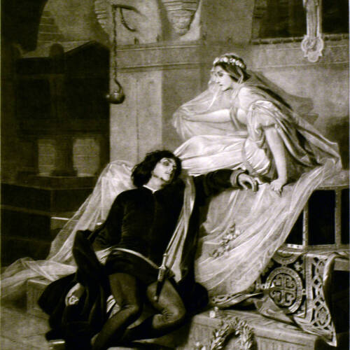 Black and white print of a woman sitting on a platform in a flowing dress. A man lays sprawled at her feet